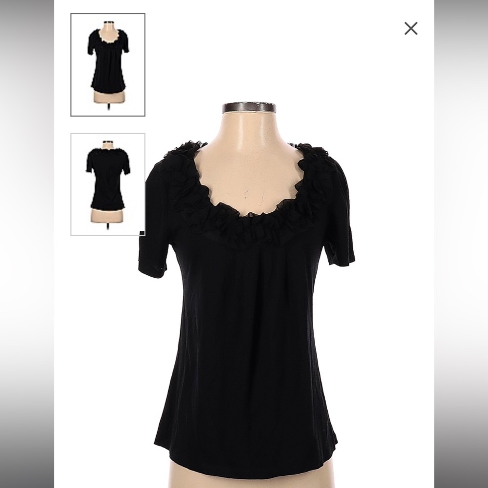 Ann Taylor Loft basic black ruffle neckline short sleeve top. - Picture 1 of 6